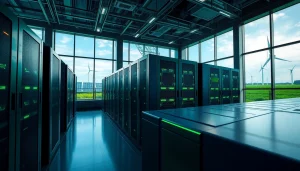 High-tech cloud mining facility showcasing trusted cloud mining sites with renewable energy solutions generating cryptocurrency.