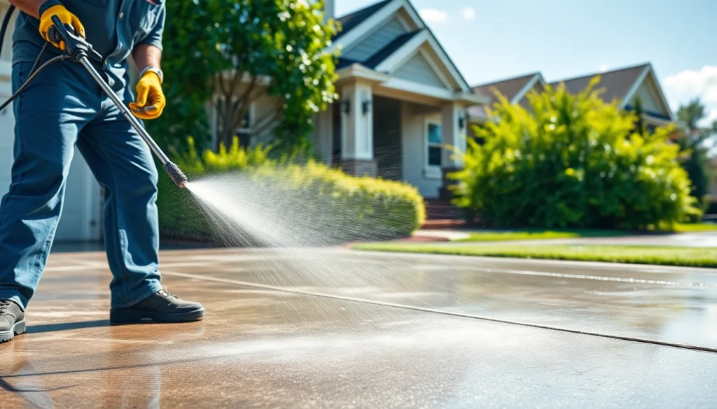 Concrete cleaning in progress with a technician pressure washing a driveway, showcasing a professional cleaning service.