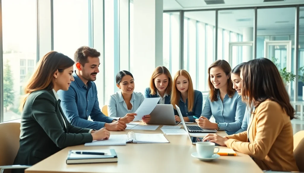 Team engaging in Pre and post award compliance discussions in a modern office.