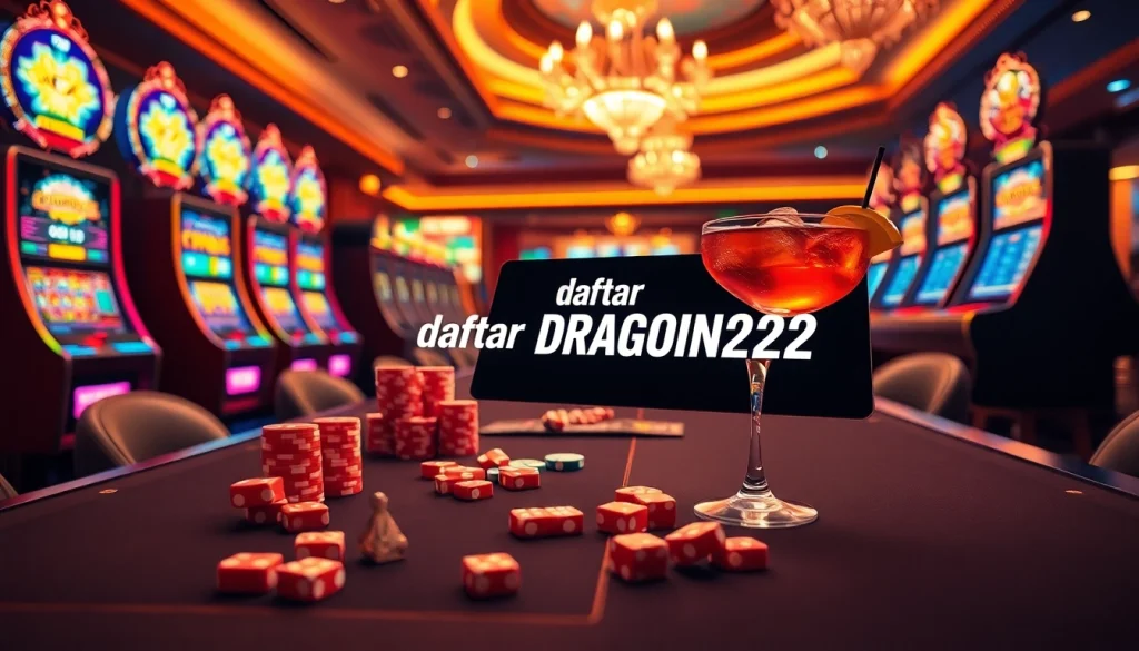 Experience the thrill of daftar DRAGON222 with exciting slot machines and vibrant poker chips in a luxurious casino setting.