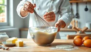 Bereid mousseline-crème met een zijdeachtige textuur in een heldere keuken.