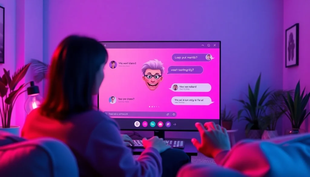 Vibrant chat interface featuring sexting AI character interaction in a cozy setting.