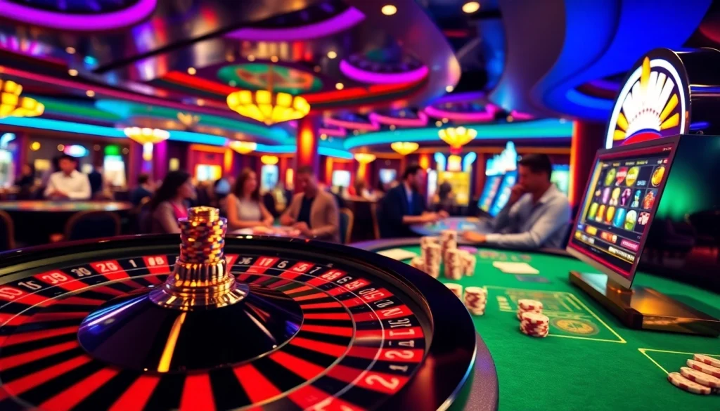 Exciting scene of casino gaming featuring ph22255 Link with roulette, poker, and slot machines.
