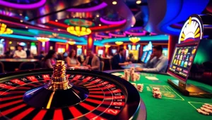 Exciting scene of casino gaming featuring ph22255 Link with roulette, poker, and slot machines.