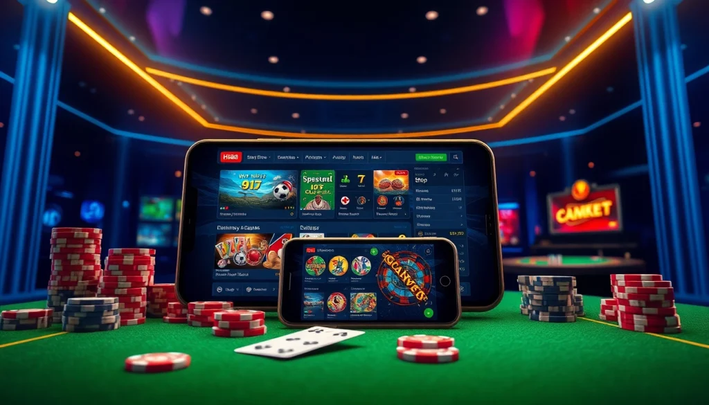 Dynamic gaming environment showcasing nhà cái hm88 with digital betting elements and vibrant color palette.