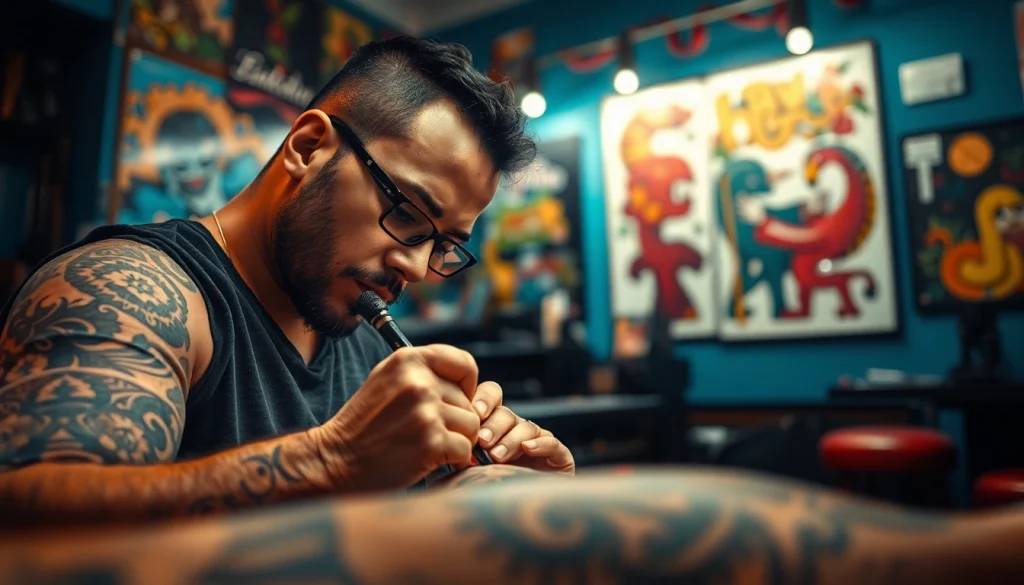 Experience artistry at entrelagostattooartgallery.com with tattoo craftsman at work in vibrant studio.