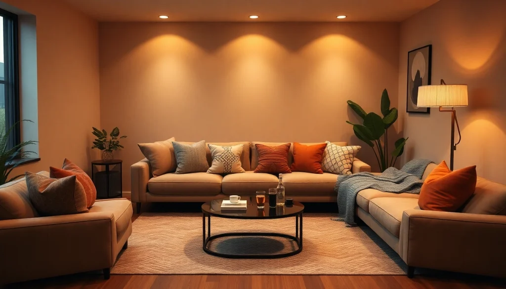 Engaging space for sex chat, featuring a cozy sofa and warm lighting.