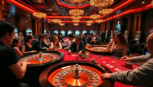 The vibrant casino atmosphere at https://tylekeo.asia/, featuring luxury tables, poker chips, and excited players engaged in thrilling games.