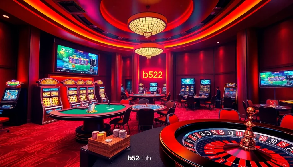 Players enjoying high-stakes games at b52club, featuring poker and slot machines in a luxurious setting.