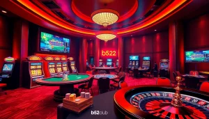Players enjoying high-stakes games at b52club, featuring poker and slot machines in a luxurious setting.