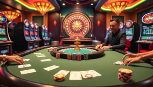 Experience thrilling gameplay at F8bet's luxurious casino with vibrant poker tables and exciting slot machines.