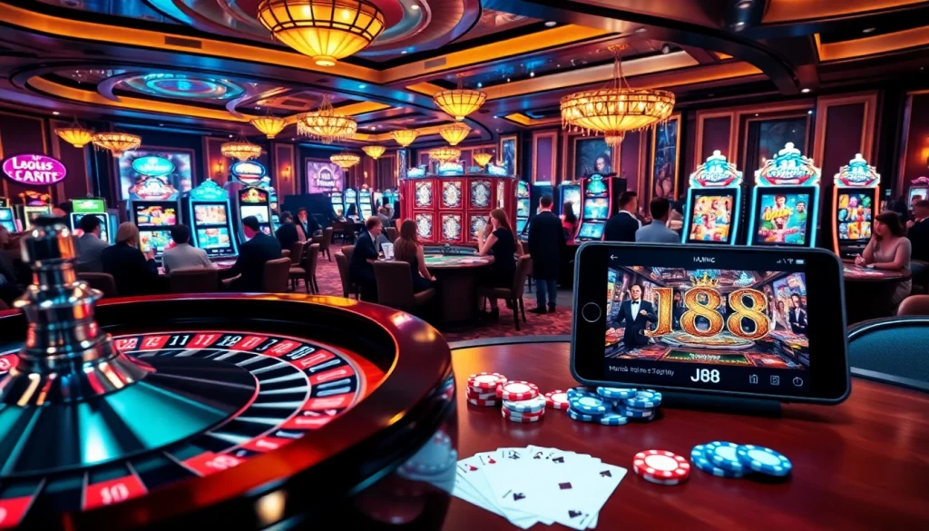 Exciting casino scene highlighting link vào j88 with players at roulette and slot machines.