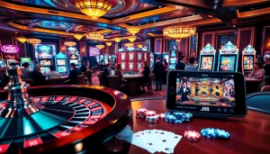 Exciting casino scene highlighting link vào j88 with players at roulette and slot machines.