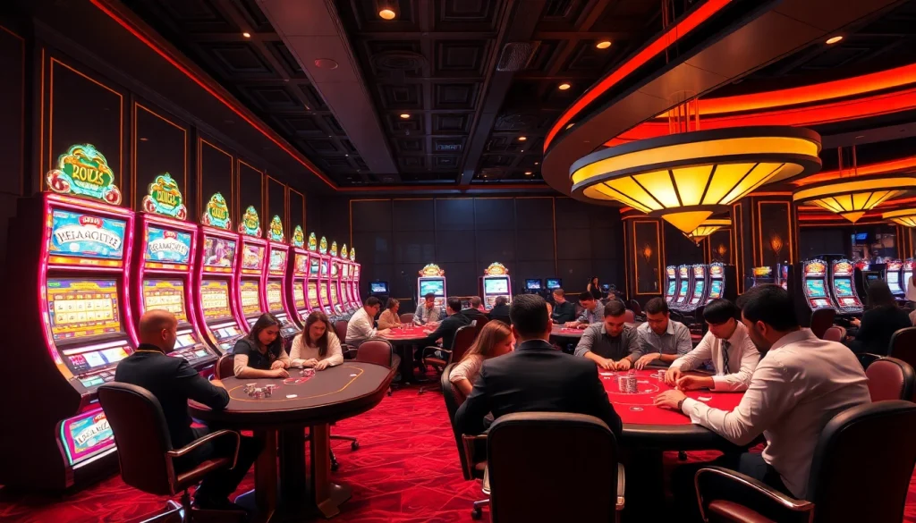 Exciting scene of xin88 casino players at high-stakes tables with poker chips and bright slot machines.