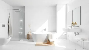 Admire the sleek design of a douche à l'italienne with minimalist elegance and bright lighting.