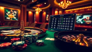 Engaging scene focusing on link alternatif sbobet with vibrant casino elements like poker chips and a roulette wheel.