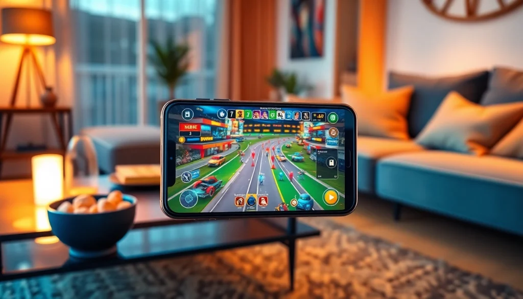 Giao diện chơi game di động hấp dẫn của Saowin APK trên điện thoại thông minh trong phòng khách ấm cúng.