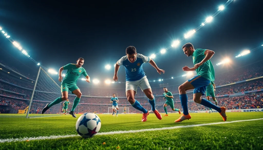 บอลวันนี: นักฟุตบอลที่เล่นในสนามที่มีแสงสว่างจัดเต็ม สื่อถึงความตื่นเต้น