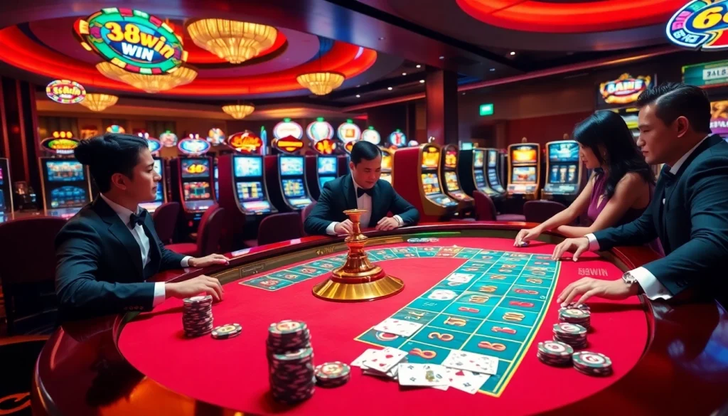 Experience the excitement of gambling at the 98WIN casino environment with players and vibrant games.