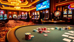 Players engaging in an exciting game at a good88 poker table filled with chips and cards.