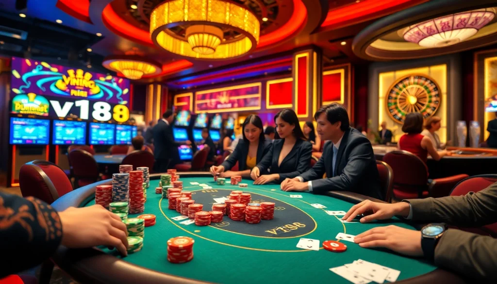 Players enjoying a high-stakes poker game at a vibrant casino featuring vn168-themed elements.
