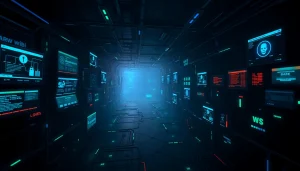 A visual representation of the hidden wiki onion, showcasing a dark web network illuminated by neon lights and law enforcement activity.