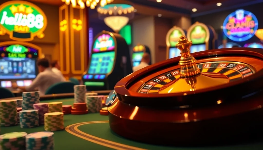Experience thrilling gameplay with hello88's vibrant casino scene featuring roulette, poker chips, and slots.