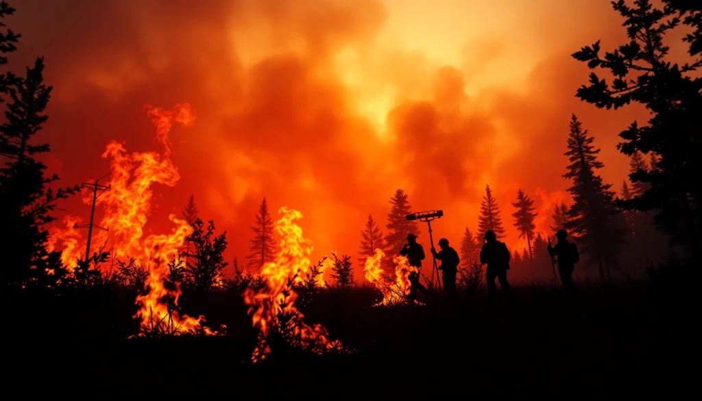Illustration of wildfire events featuring firefighters combating flames in a smoky forest.
