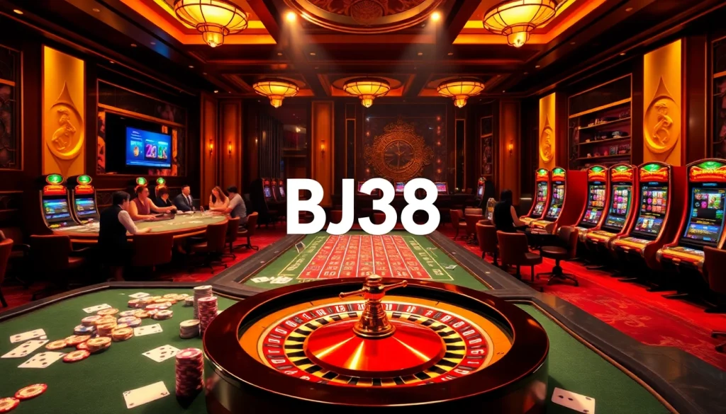 Engaging casino scene featuring BJ38 logo with vibrant gambling elements and players.