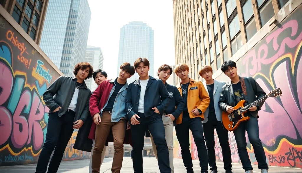 BTS members showcasing their unique styles in a vibrant urban setting, reflecting their musical talent.