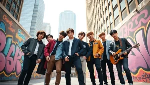 BTS members showcasing their unique styles in a vibrant urban setting, reflecting their musical talent.