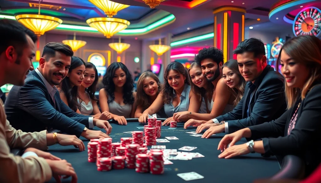 Players intensely strategizing in a luxurious RIKVIP poker game surrounded by exciting casino elements.