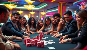 Players intensely strategizing in a luxurious RIKVIP poker game surrounded by exciting casino elements.