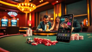 Engage with the thrilling atmosphere of https://s8glx.com featuring elegant casino tables, vibrant slot machines, and intense players in action.